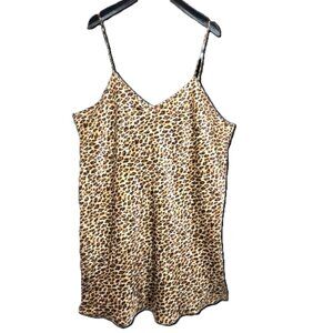 Vintage Gilligan O' Malley Black Brown Cheetah  Silky Satin Slip Dress Lingerie